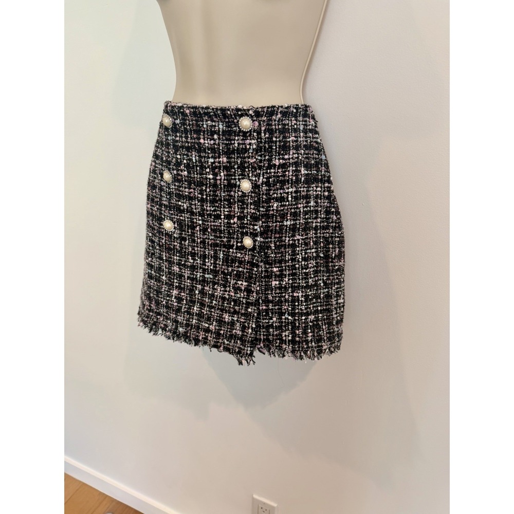 Majorelle Tweed Mini Skirt Sz S Black Pearl Buttons Fringe Revolve Cocktail - Picture 5 of 10